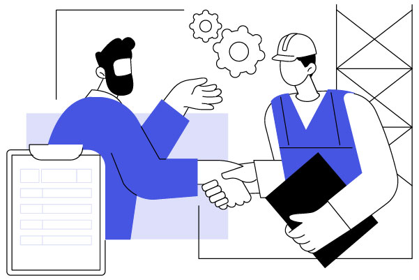 Illustrazione di un consulente e un lavoratore che si stringono la mano per simboleggiare la collaborazione