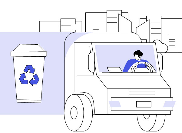 Illustrazione grafica sulla gestione e il trasporto dei rifiuti speciali: camion con simbolo del riciclo in contesto urbano