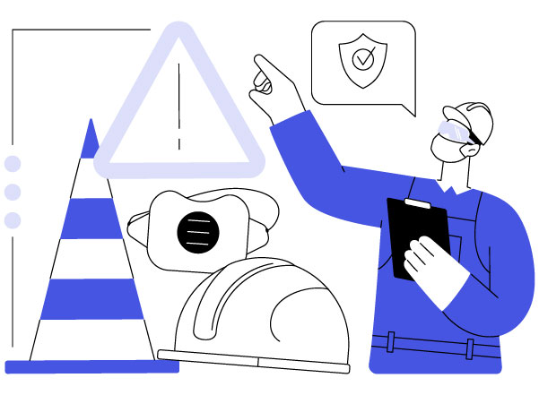 Illustrazione simbolica di un lavoratore con DPI che verifica la sicurezza sul lavoro, con icone di segnaletica e protezione