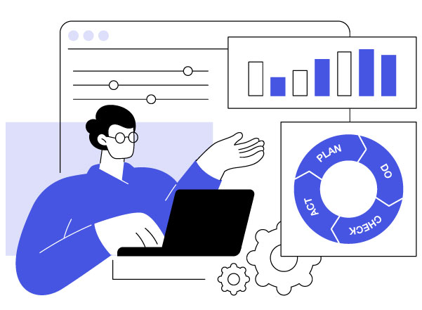 Illustrazione simbolica di un consulente al computer che lavora su grafici di gestione, tra cui il ciclo di Deming