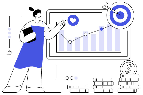 Illustrazione simbolica che mostra una crescita nei risultati aziendali, con simboli di risparmio e reputazione positiva